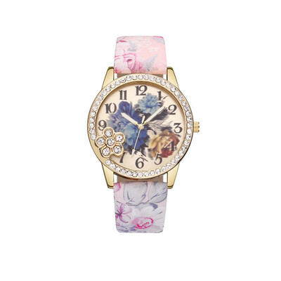 

Vintage Fresh Floral Pattern With Rhinestone Womens Watches Bayan Kol Saaty Fashion Simple And Cool Relojes Para Mujer