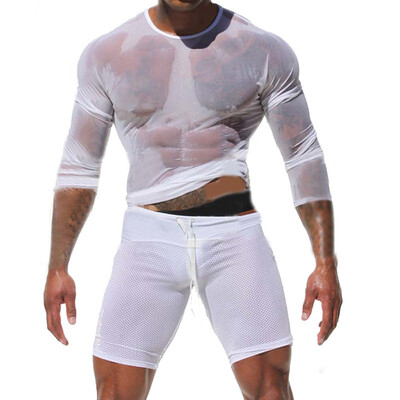 

Mens Long Sleeve Fishnet Transparent Mesh Sheer T-shirt Black White Muscle Tops