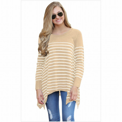 

Round neck long sleeve striped stitching loose headdress irregular casual knit sweater