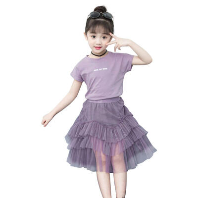 

2pcs Girls Print Short Sleeve T-Shirt Mesh Princess Dress Kids ​Outfit Set