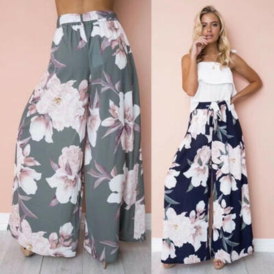 

Womens Floral Palazzo Pants High Waist Wide Leg Culottes Casual Long Trousers