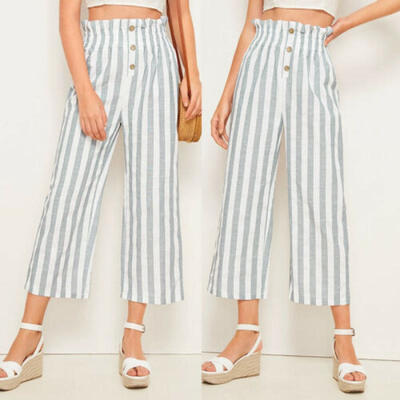 

Fashion Women Striped Button Wide Leg Pants Elastic Waist Loose Casual Trousers
