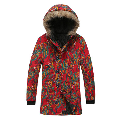 

Winter Mens Vintage Printed Jacket Warm Fur Collar Outerwear Hooded Coat Parka