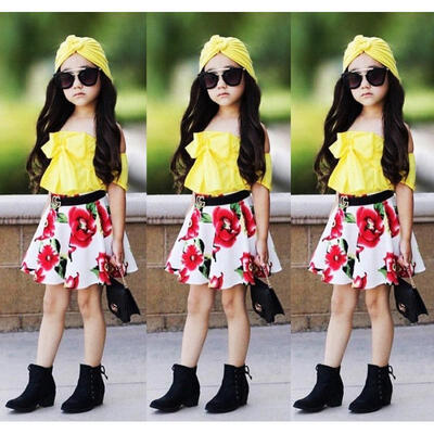 

Summer Toddler Kids Girls Off Shoulder Strap Tops Floral Skirt Outfits Set