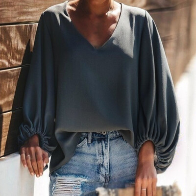 

Women V-neck Lantern Sleeve T-Shirt Ladies Baggy Blouse Loose Casual Tops Shirt