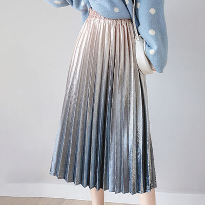 

Gradient Color Gold Velvet Skirt Women Korean Long Midi Pleated Skirts High Waist Sweet Preppy Casual Skirts