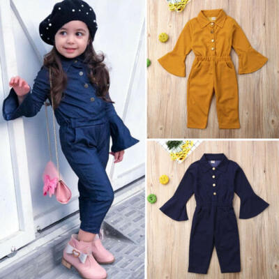 

US Toddler Kid Baby Girl Bell Sleeve Romper Jumpsuit Bib Pants Autumn Outfit Set