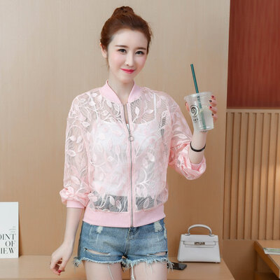 

women coats sunscreen jacket long sleeve zipper solid color casual spring summer autumn lace Hollow Air Conditioning Clothing