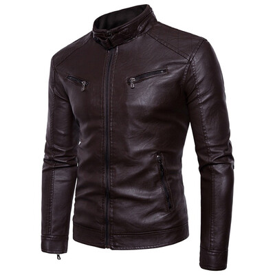

Toponeto Mens Autumn Winter Long-sleeved Leather Motorcycle Jacket Zipper Coat