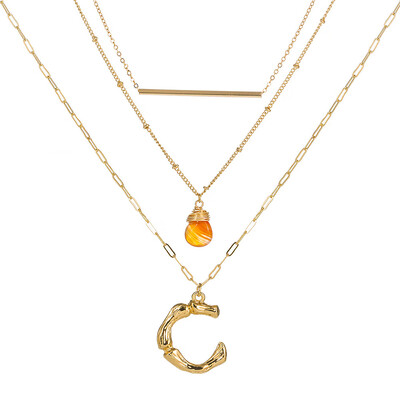 

Small Orange stone Gold Metal Bamboo 2cm 26 Letter Alphabet A-Z Minimalist Initial Pendant Necklace Fashion Twist Chain Jewelry
