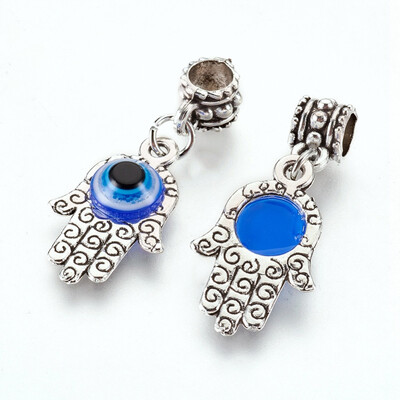 

Antique Silver Plated Alloy European Dangle Beads with Lampwork Large Hole Pendants Hamsa Hand with Evil Eye Antique Silver
