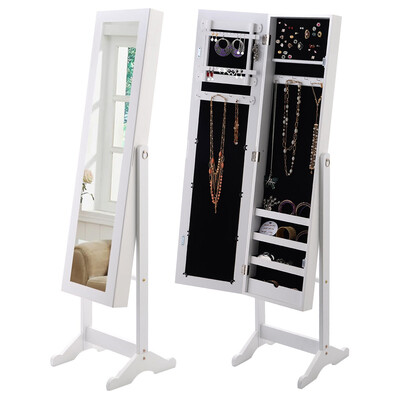 

New Mirrored Jewelry Cabinet Armoire Mirror Organizer Storage Box Ring w Stand-White