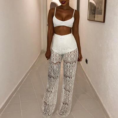 

Women Lace See Through Long Trousers Beach Summer Holiday High Waist Pants