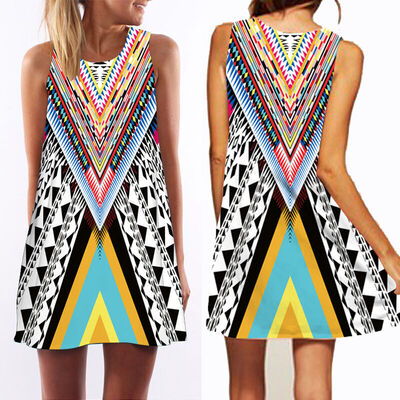 

Womens Boho Floral Sleeveless Ladies Summer Beach Loose Mini Dress Long Top