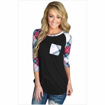 

Round neck cropped sleeve pocket plaid striped print casual straight top