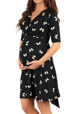 

Sweet V-neck LIne Butterfly Floral Printed Loose Maternity Dress