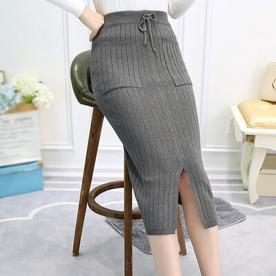 

Autumn winter women knitted skirt elastic waist stretch side split step skirt package hip Slim ladies solid color skirt