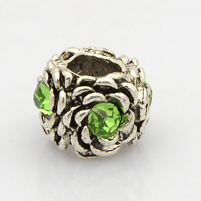

Rondelle Antique Silver Tone Alloy Rhinestone European Beads Large Hole Beads Peridot 12x9mm Hole 5mm