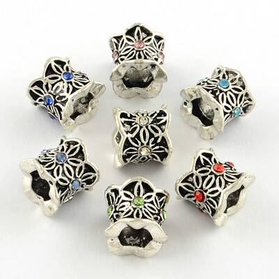 

Antique Silver Plated Alloy Rhinestone Large Hole European Beads Column with Flower Mixed Color 9x10mm Hole 5mm