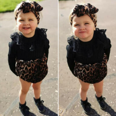 

US Newborn Baby Girl Clothes Lace Knitted Long Sleeve TopsLeopard Shorts Outfit