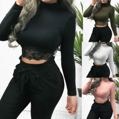 

Fashion Womens High Collar Lace Crop tops T-Shirt Long Sleeve Slim Top Bodysuit