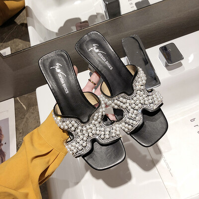 

Cold slippers slip-on shoes pearl H slippers wear fashion high heels&a word with a word