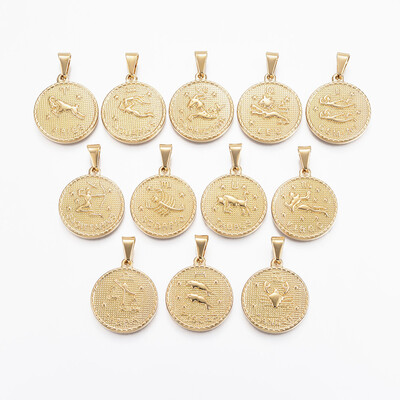 

304 Stainless Steel Pendant Sets Flat Round with Twelve ConstellationZodiac Sign Golden 29x25x32mm Hole 9x45mm 12pcsset