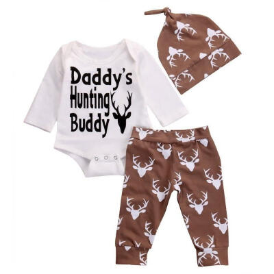 

3PCS Newborn Baby Boys Long Sleeve Romper Tops Deer Pants Legging Hat Outfits Set Clothes