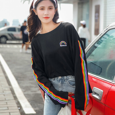 

Women Round Neck Cartoon Rainbow Print Long Sleeve T-Shirt