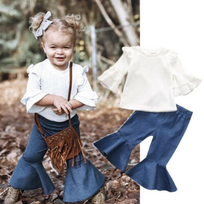 

Newborn Baby Girls Outfits Sets White Trumpet Sleeve TopFlared Trousers Pants