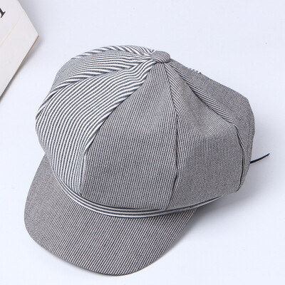 

Korean version of the new spring&summer thin berets England retro literary stripes octagonal pumpkin hat warm painter hat tide