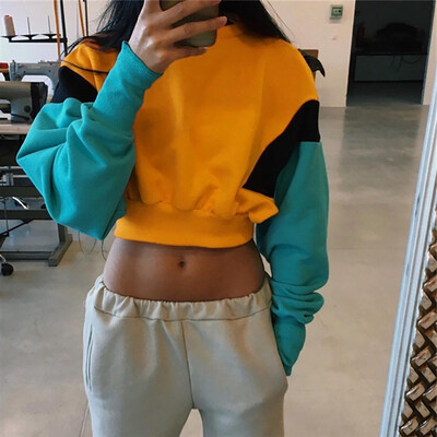 

Women Autumn Fashion Concise Casual All-match Color-blocked Long Sleeve Round Collar Hoodie