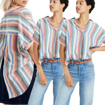

New Womens Short Sleeve T-Shirt Sexy Tops Stripe Elegant Shift Blouses Plus Size
