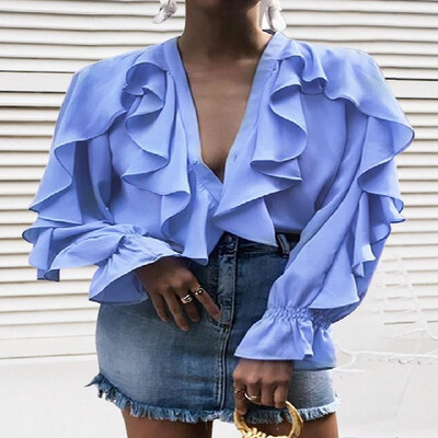 

Elastic Cuffs Solid Flounce V-neck Bishop Long Sleeves Shirt