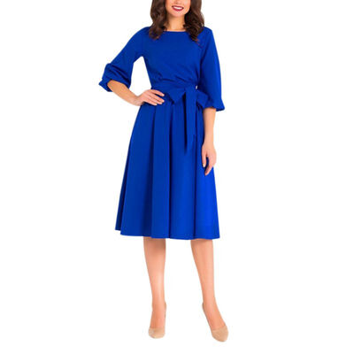 

Women Sexy One Word Collar Vintage Solid Color Skirt Puff Sleeved Pleat Waist Bow Tie Casual Dress