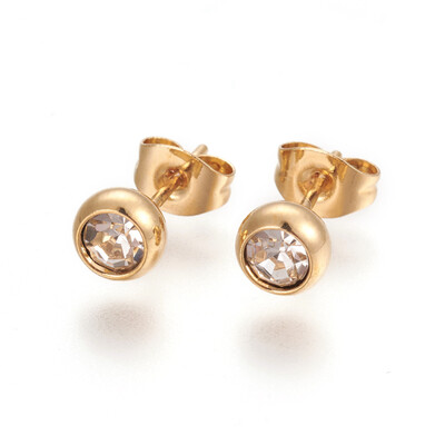 

304 Stainless Steel Ear Studs with Rhinestone Flat Round Crystal Golden 15mm Pin 06mm