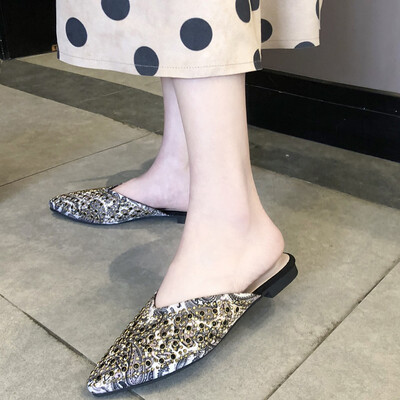 

Rose Casual Shoes Flat Rivet Half Slippers Pointed Summer Low Heel Womens Shoes