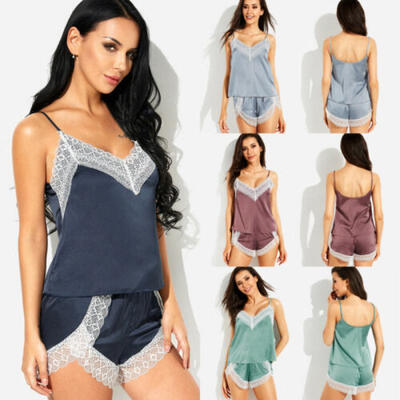 

Women Sexy-Lingerie Sleepwear Satin Silk Babydoll Lace Up Nightwear Pajamas Set