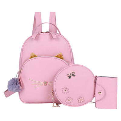 

3pcsset Cat Print Travel Backpacks Women Leather Shoulder Bags Card Holder