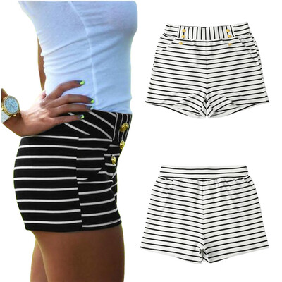 

Women Shorts Summer Striped Shorts High Elastic Waist Ladies Casual Pants BlackWhite