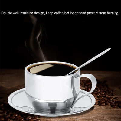 

Greensen Stainless Steel Insulated Coffee Cup Double Wall Tea Milk Mug with Saucer Spoon Set Tableware