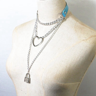 

Gothic Lock Chain Necklace Multilayer Punk Choker Collar Goth Pendant Necklace Women Black Leather Jewelry 2019