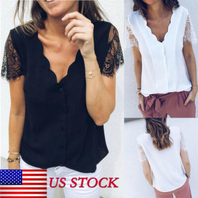 

Women Office Ladies Summer Chiffon Short Sleeve Casual Shirt Tops Blouse T-Shirt