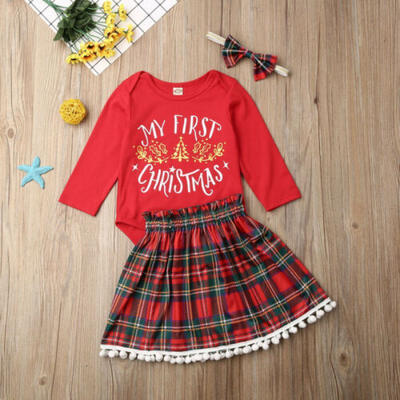 

Baby Girls Infant First Christmas Clothe Romper Plaid Skirt Headband Outfit Set