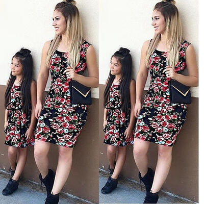 

Fashion New Women Mother Daughter Matching Dresses Summer Girl Floral Dress Clothes Outfit