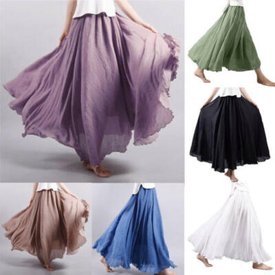 

Fashion Womens High Waist Pleated A Line Long Skirt Maxi Cotton Linen Dress