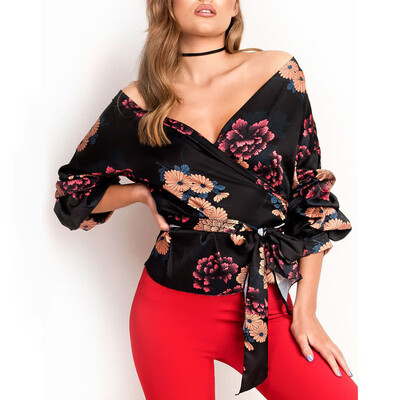 

Womens Floral Print Casual Wrap Tops Half Sleeves Loose V Neck Tie Front Blouse