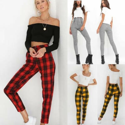 

Womens Ladies Zipper Slim Fit Grid Print Ripped Skinny Jeggings Pants Trousers