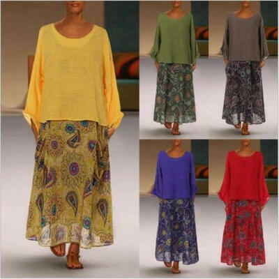 

Womens Ladies Long Sleeve Blouse Top Maxi Skirt Two Piece Co-rd Set Party Dress