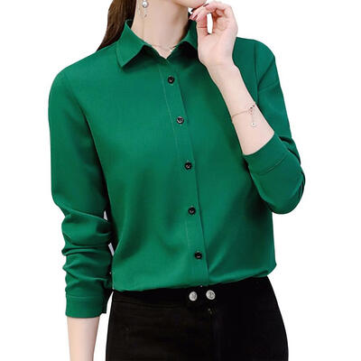 

Women Spring Summer Long Sleeve Lapel Casual Chiffon Solid Color Blouse